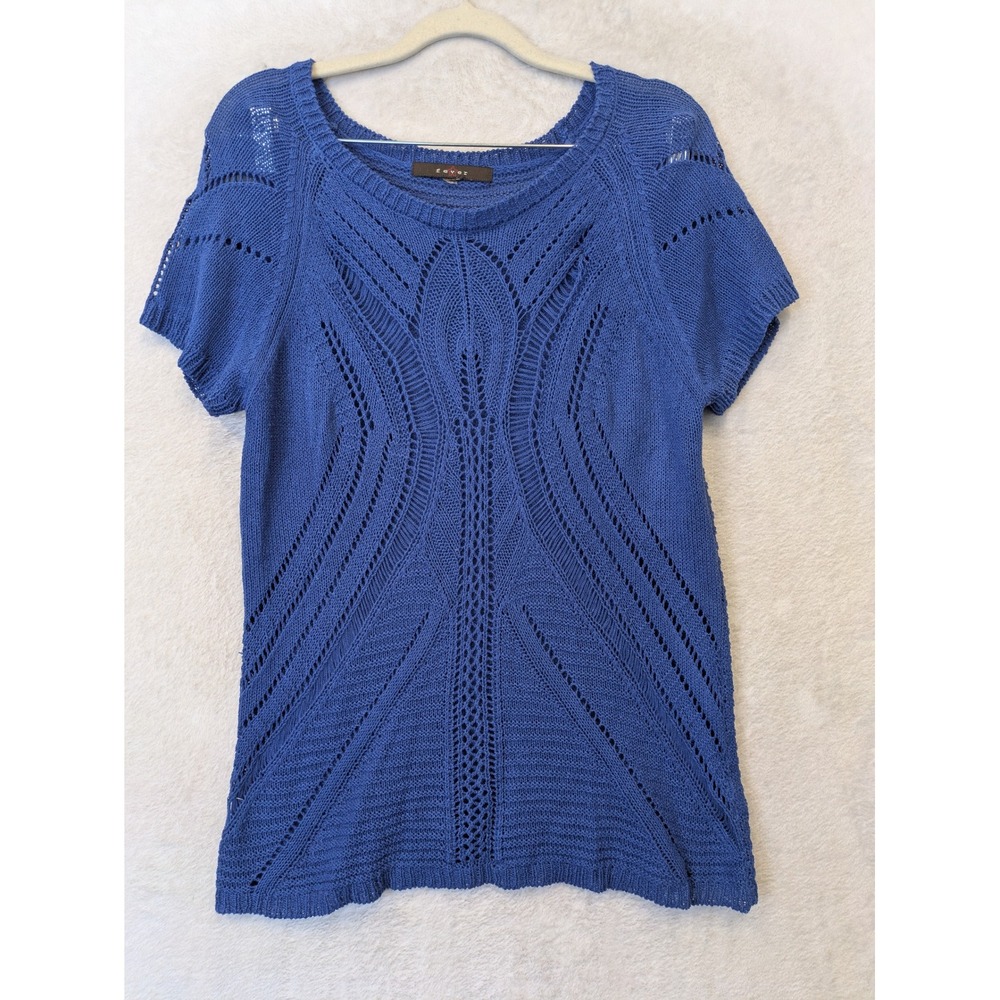 Fever Pointelle Knit Top Women's Large Blue Short Sleeve Scoop Neck Crochet Look
